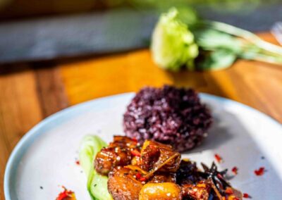 Braised pork belly with black rice from the Northwest region at Coco Casa in Hoi An, Vietnam
